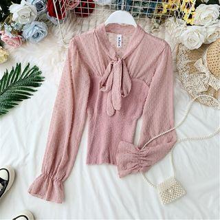 Dotted Chiffon-sleeve Fluffy Knit Top