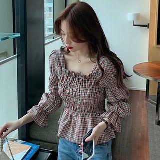 Plaid Bell-sleeve Peplum Blouse As Shown In Figure - One Size