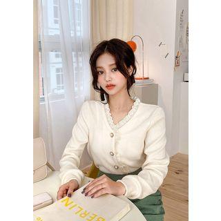 Lace-trim Bead-button Cardigan