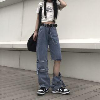 High-waist Zip Belted Detachable Wide-leg Jeans