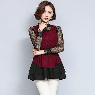 Set: Lace Blouse + Knit Vest