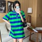 Striped Side-slit Polo Dress