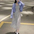 Notch Lapel Shirt / Spaghetti-strap Floral Print Midi A-line Dress