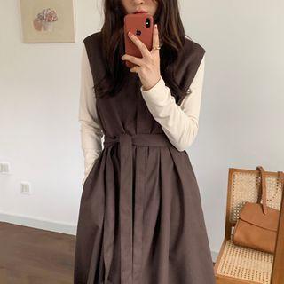 Long-sleeve T-shirt / Tie-front Midi Overall Dress