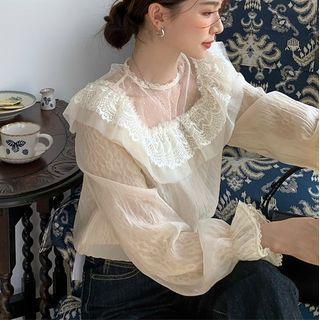 Puff-sleeve Mesh Panel Lace Blouse Off-white - One Size