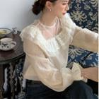 Puff-sleeve Mesh Panel Lace Blouse Off-white - One Size