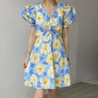 Puff-sleeve Flower Print Drawstring A-line Dress