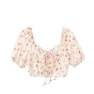 Puff-sleeve Floral Chiffon Crop Top