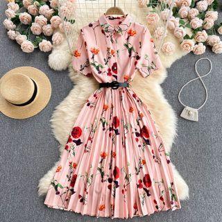Lapel Print Short-sleeve Accordion Pleat Dress