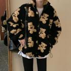 Bear Embroidered Faux Shearling Zipped Jacket As Shown In Figure - One Size