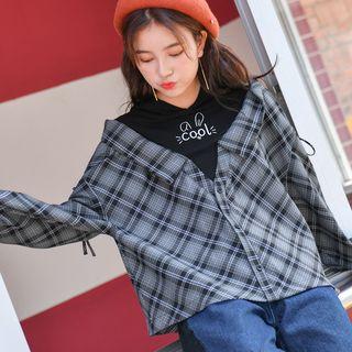 Plaid Panel Embroidered Hoodie