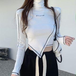 Long-sleeve Turtleneck Lettering Cropped T-shirt / Drawstring Straight Leg Pants