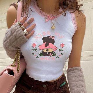 Graphic Lace-trim Sleeveless Crop Top