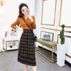 Set: Half-zip Knit Top + Midi Plaid A-line Skirt