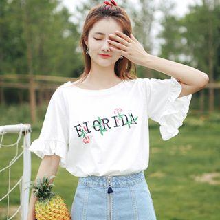 Ruffle-sleeve Floral Embroidered T-shirt