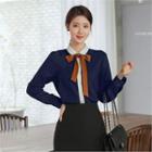 Contrast-collar Blouse With Tie