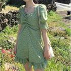 Short-sleeve Square Neck Floral Ruffle Hem Mini Dress