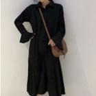 Long-sleeve Plain Button Dress Black - One Size