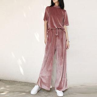 Set: Mock-neck Velvet Top + Wide-leg Pants