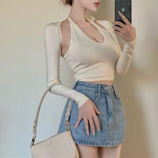 Set: Halter-neck Camisole Top + Cropped Open-front Cardigan