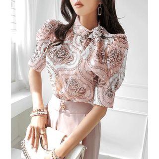 Scarf-neck Rosette Blouse Pink - One Size