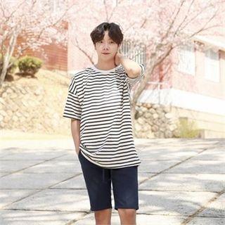 Loose-fit Elbow-sleeve Striped Shirt