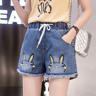 Drawstring-waist Rabbit Embroidered Denim Shorts