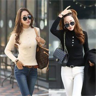 Mock-neck Button-front Rib-knit Top