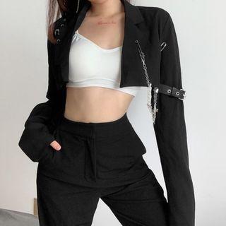 Plain Chain Strap Long-sleeve Crop Light Jacket