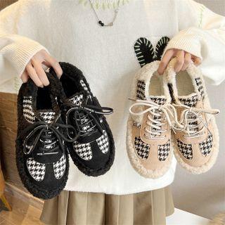 Houndstooth Fluffy Trim Lace Up Shoes