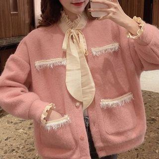 Ruffle-trim Cardigan Pink - One Size