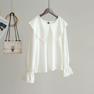 Long-sleeve Ruffle Trim Peter Pan Collar Plain Blouse White - One Size