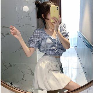 Ruched Checked Crop Blouse / Bubble Skirt