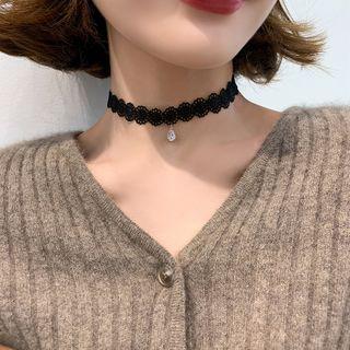 Rhinestone Lace Choker Black - One Size