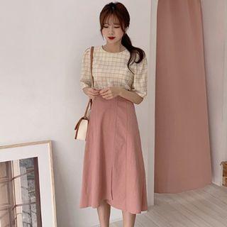 Short-sleeve Plaid Top / Midi A-line Skirt