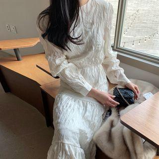 Long-sleeve Tiered Textured Maxi A-line Dress