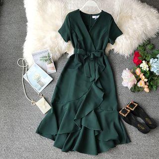 Short-sleeve Ruffle Trim Midi Wrap Dress
