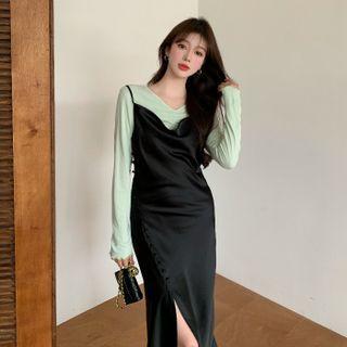 Long-sleeve Shirred T-shirt / Spaghetti Strap Slit Midi Dress
