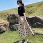 Set: Short Sleeve Plain T-shirt + Dotted Print A-line Skirt