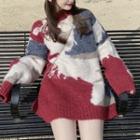 Color-block Mock-neck Long-sleeve Sweater As Shown In Figure - One Size