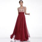 Gathered-waist Floral Embroidered Sleeveless A-line Sheath Dress
