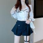 Contrast Trim Cropped Shirt / Plain Skort / Set