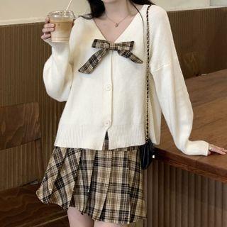 Bow Cardigan / Plaid Pleated Mini A-line Skirt
