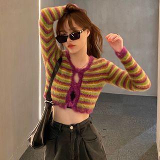 Cropped Striped Fluffy Cardigan Stripe - Pink & Yellow & Green - One Size