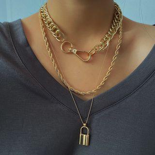 Lock Chain Layered Necklace 2691 - Gold - One Size