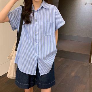 Short-sleeve Striped Shirt / Wide-leg Denim Shorts