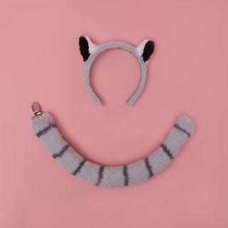 Set: Racoon Ear Headband + Tail Set Of 2 - Headband & Tail - Gray - One Size