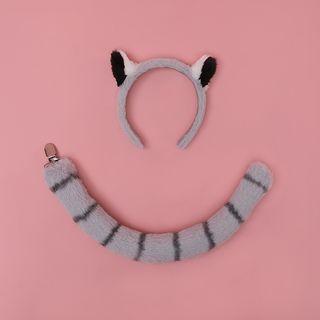 Set: Racoon Ear Headband + Tail Set Of 2 - Headband & Tail - Gray - One Size