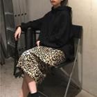 Plain Loose-fit Hooded Sweatshirt / Leopard Print Skirt