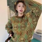 Long-sleeve Pattern Sweater Green - One Size